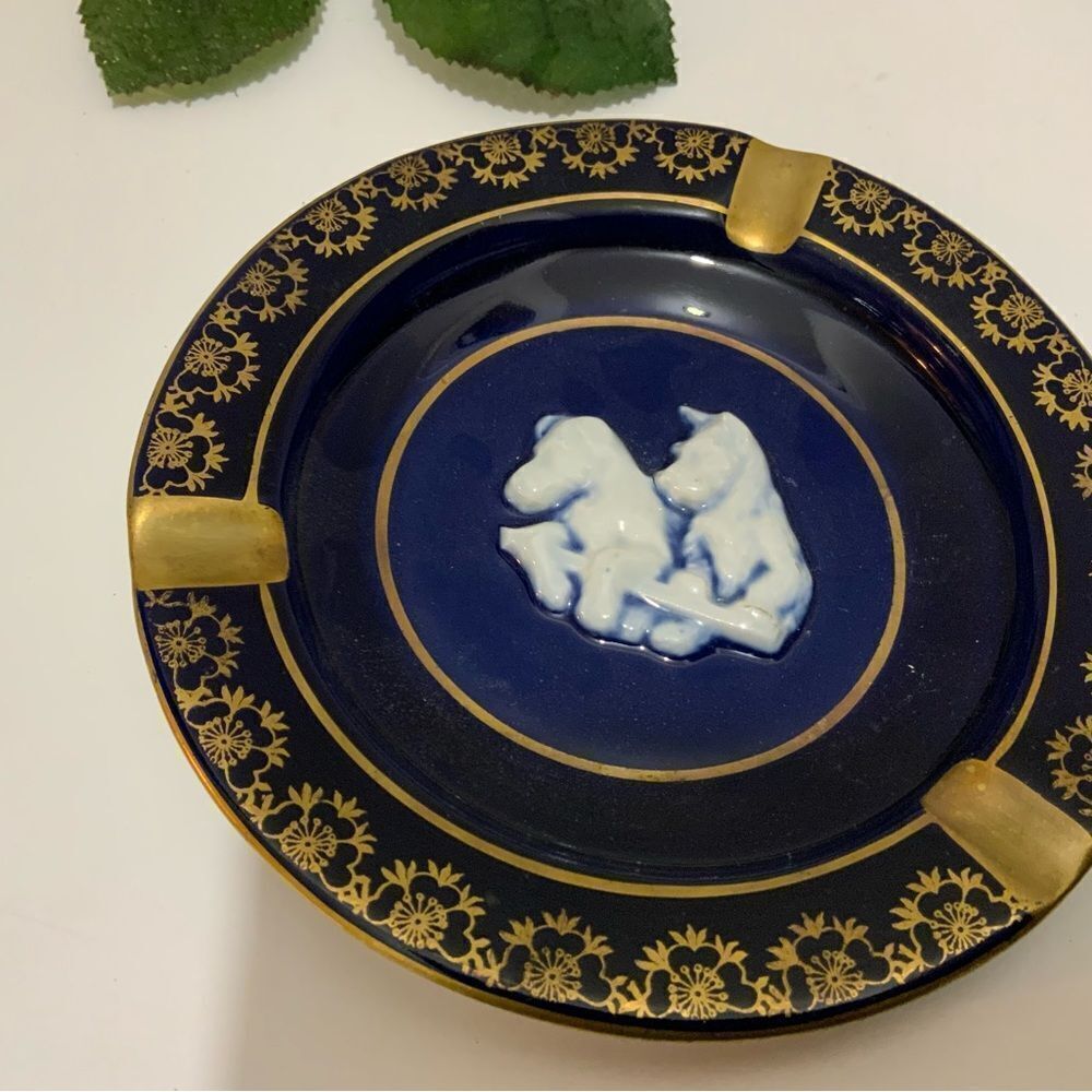 Vintage Limoges Tharaud France Ashtray  5 7/8 “ Gold, Cobalt Blue, And White  G1